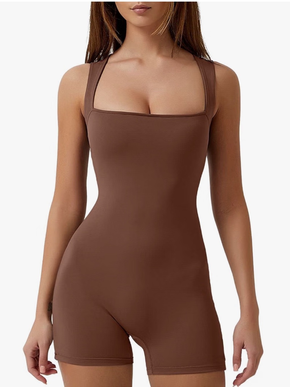 Qinsen Brown Square Neck Bodycon Stretch Romper
